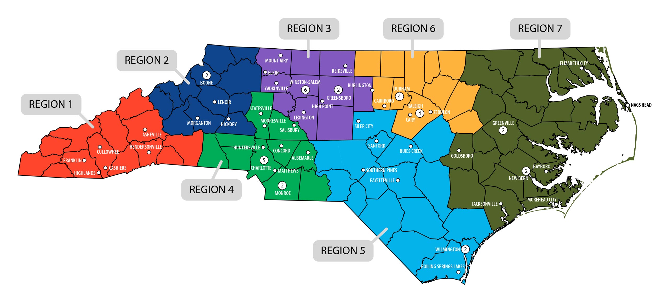A map of the north carolina region with regions numbered in different colors.